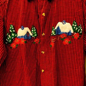 Winter scene on red gingham, long-sleeved shirt